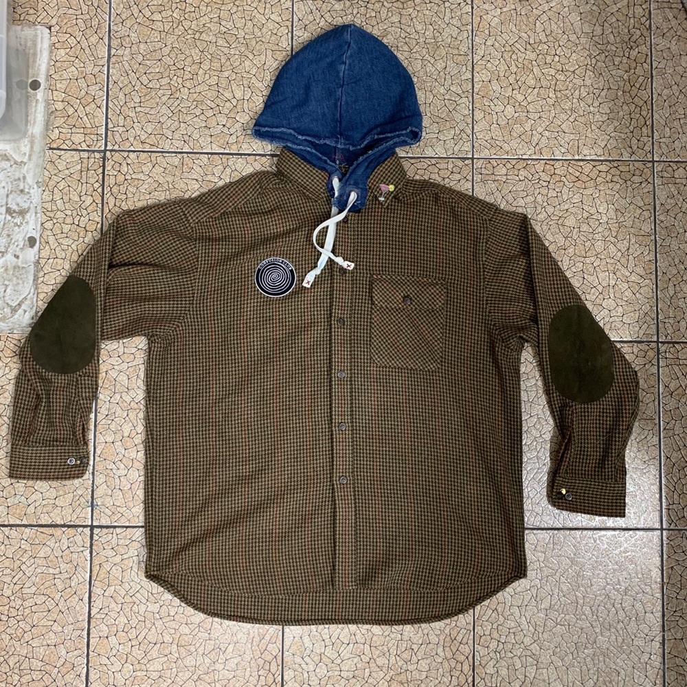 Plaid Button up with hood Jimi Hendrix print